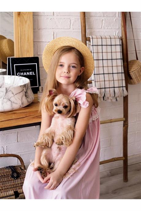 Kız Çocuk Mavi Çizgili Elbise PEMBE 10 Yaş