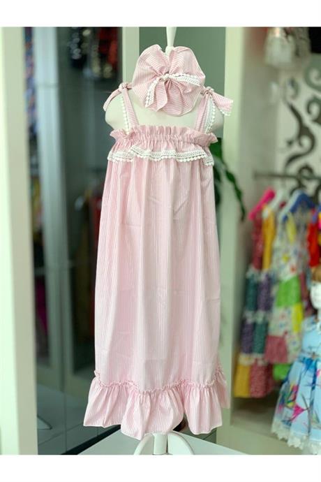 Kız Çocuk Mavi Çizgili Elbise PEMBE 10 Yaş