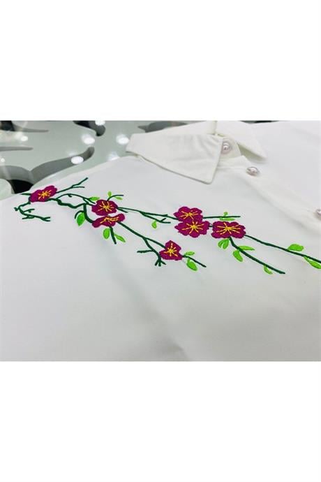 Kız Çocuk Nakış Detaylı Beyaz Gömlek Rahat Kalıp Bol Paça Pantolon 2'li Takım Fuşya 4 Yaş