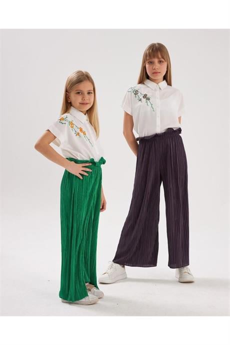 Kız Çocuk Nakış Detaylı Beyaz Gömlek Rahat Kalıp Bol Paça Pantolon 2'li Takım Mor 6 Yaş