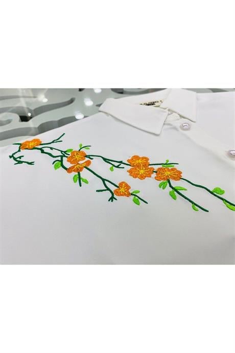 Kız Çocuk Nakış Detaylı Beyaz Gömlek Rahat Kalıp Bol Paça Pantolon 2'li Takım Yeşil 6 Yaş