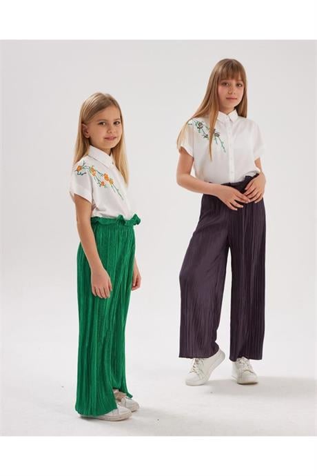 Kız Çocuk Nakış Detaylı Beyaz Gömlek Rahat Kalıp Bol Paça Pantolon 2'li Takım Mor 12 Yaş