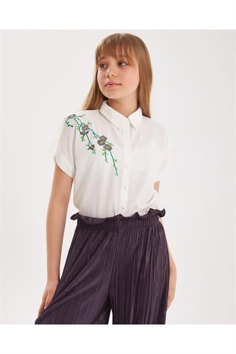 Kız Çocuk Nakış Detaylı Beyaz Gömlek Rahat Kalıp Bol Paça Pantolon 2'li Takım Mor 14 Yaş