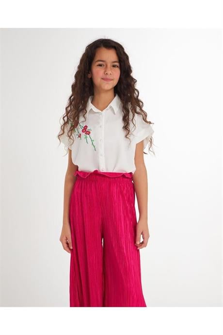 Kız Çocuk Nakış Detaylı Beyaz Gömlek Rahat Kalıp Bol Paça Pantolon 2'li Takım Fuşya 12 Yaş