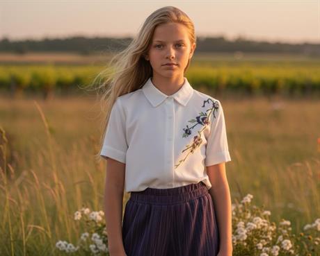 Kız Çocuk Nakış Detaylı Beyaz Gömlek Rahat Kalıp Bol Paça Pantolon 2'li Takım Mor 10 Yaş