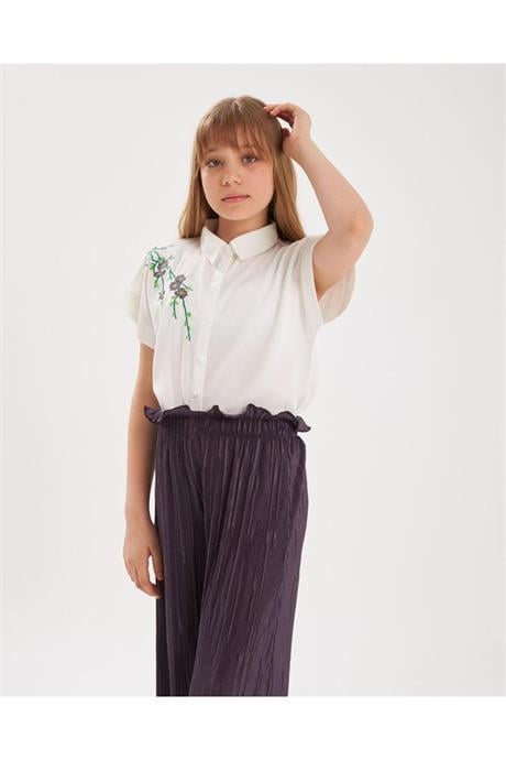 Kız Çocuk Nakış Detaylı Beyaz Gömlek Rahat Kalıp Bol Paça Pantolon 2'li Takım Mor 6 Yaş