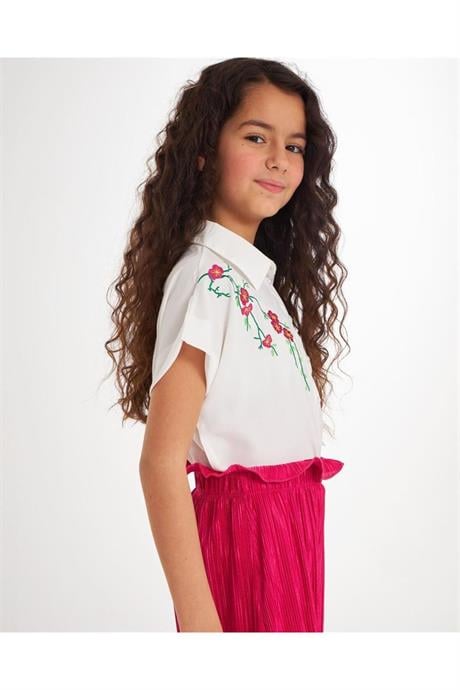 Kız Çocuk Nakış Detaylı Beyaz Gömlek Rahat Kalıp Bol Paça Pantolon 2'li Takım Fuşya 10 Yaş