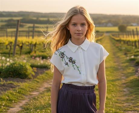 Kız Çocuk Nakış Detaylı Beyaz Gömlek Rahat Kalıp Bol Paça Pantolon 2'li Takım Mor 10 Yaş