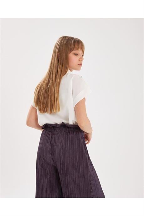 Kız Çocuk Nakış Detaylı Beyaz Gömlek Rahat Kalıp Bol Paça Pantolon 2'li Takım Mor 10 Yaş