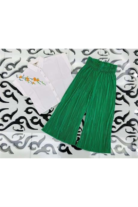 Kız Çocuk Nakış Detaylı Beyaz Gömlek Rahat Kalıp Bol Paça Pantolon 2'li Takım Yeşil 10 Yaş