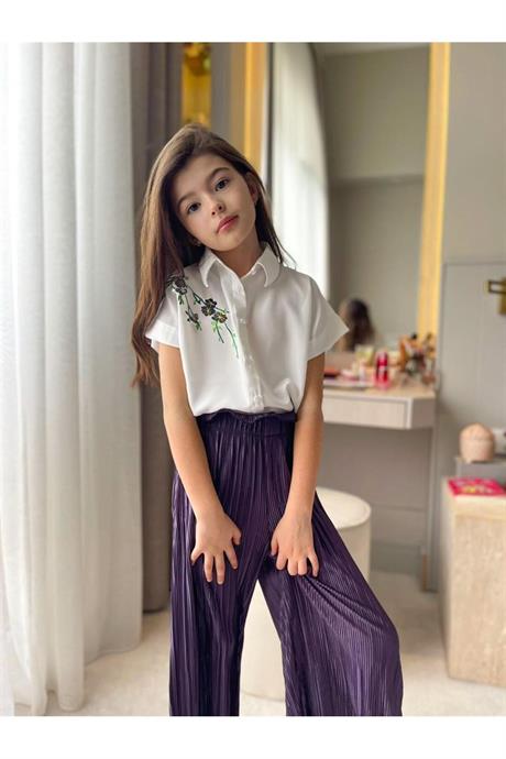 Kız Çocuk Nakış Detaylı Beyaz Gömlek Rahat Kalıp Bol Paça Pantolon 2'li Takım Mor 10 Yaş