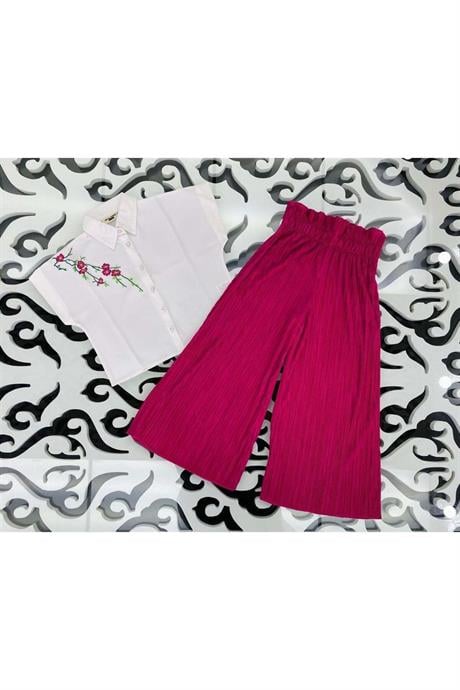 Kız Çocuk Nakış Detaylı Beyaz Gömlek Rahat Kalıp Bol Paça Pantolon 2'li Takım Fuşya 6 Yaş