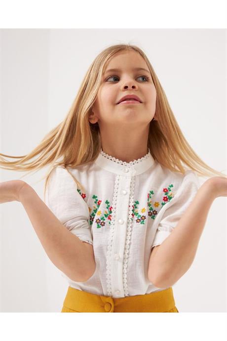 Kız Çocuk Nakış Detaylı Inci Düğmeli Beyaz Gömlek Süs Cepli Kumaş Kaplama Düğmeli Pantolon 2'li Takı Hardal 6 Yaş