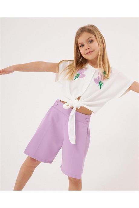 Kız Çocuk Nakış Detaylı Önü Bağlamalı Beyaz Gömlek Cepli Şort 2'li Takım Lila 8 Yaş