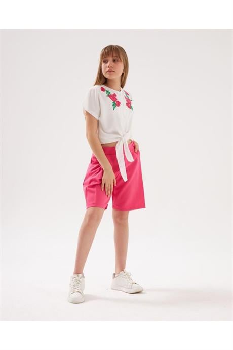 Kız Çocuk Nakış Detaylı Önü Bağlamalı Beyaz Gömlek Cepli Şort 2'li Takım Pembe 14 Yaş