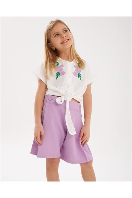 Kız Çocuk Nakış Detaylı Önü Bağlamalı Beyaz Gömlek Cepli Şort 2'li Takım Lila 14 Yaş