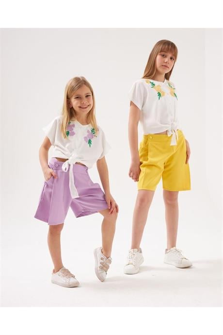 Kız Çocuk Nakış Detaylı Önü Bağlamalı Beyaz Gömlek Cepli Şort 2'li Takım Lila 8 Yaş