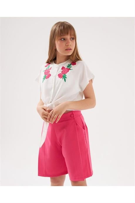 Kız Çocuk Nakış Detaylı Önü Bağlamalı Beyaz Gömlek Cepli Şort 2'li Takım Pembe 4 Yaş