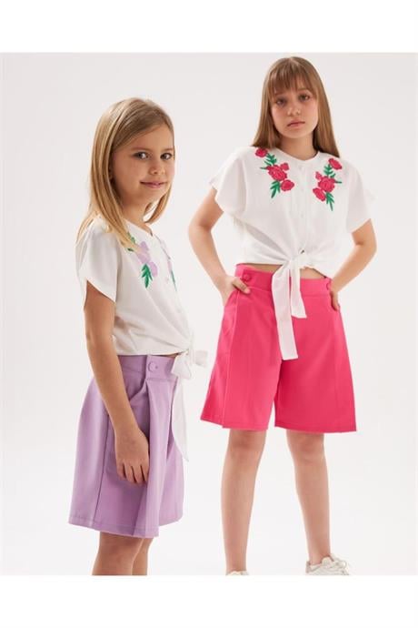 Kız Çocuk Nakış Detaylı Önü Bağlamalı Beyaz Gömlek Cepli Şort 2'li Takım Pembe 14 Yaş