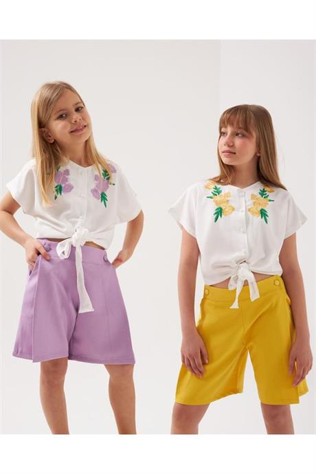 Kız Çocuk Nakış Detaylı Önü Bağlamalı Beyaz Gömlek Cepli Şort 2'li Takım Lila 10 Yaş