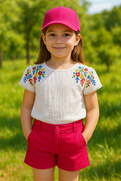 Kız Çocuk Nakışlı Beyaz Bluz Renkli Pensli Şort Şapka 3'lü Takım Fuşya 6 Yaş