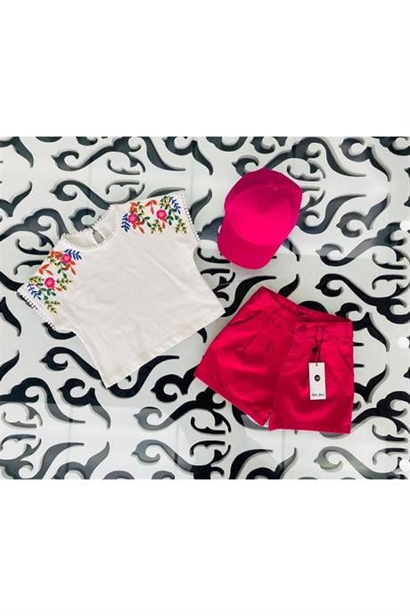 Kız Çocuk Nakışlı Beyaz Bluz Renkli Pensli Şort Şapka 3'lü Takım Fuşya 14 Yaş