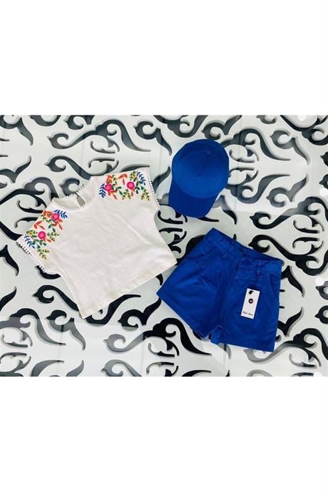 Kız Çocuk Nakışlı Beyaz Bluz Renkli Pensli Şort Şapka 3'lü Takım Saks 14 Yaş