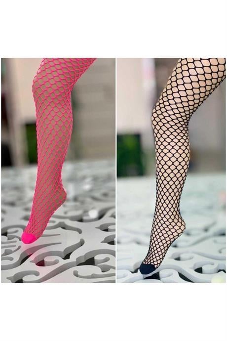 Kız Çocuk Neon File Külotlu Çorap Ikili Takım PEMBE VE SİYAH 4 Yaş