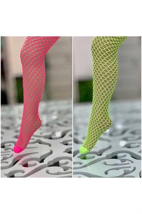 Kız Çocuk Neon File Külotlu Çorap Ikili Takım PEMBE VE SARI 4 Yaş
