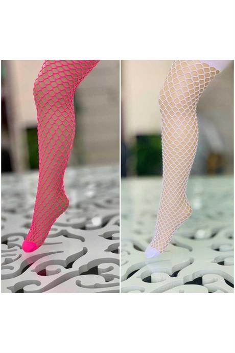 Kız Çocuk Neon File Külotlu Çorap Ikili Takım PEMBE VE BEYAZ 12 Yaş