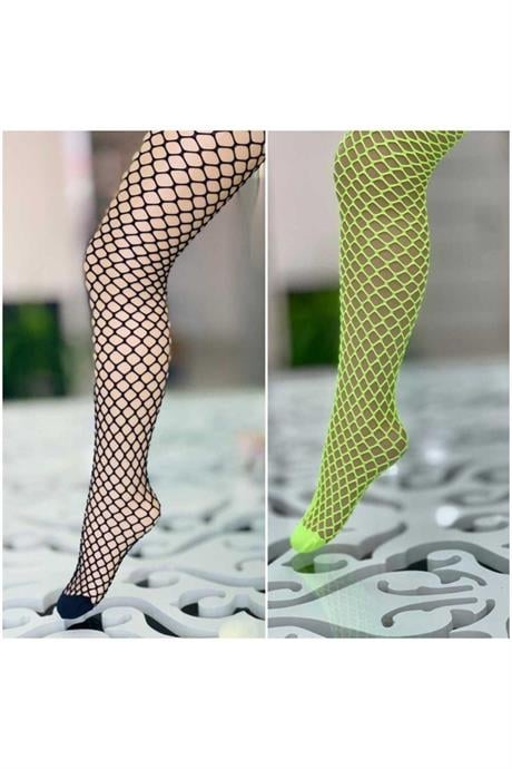 Kız Çocuk Neon File Külotlu Çorap Ikili Takım SİYAH VE SARI 6 Yaş