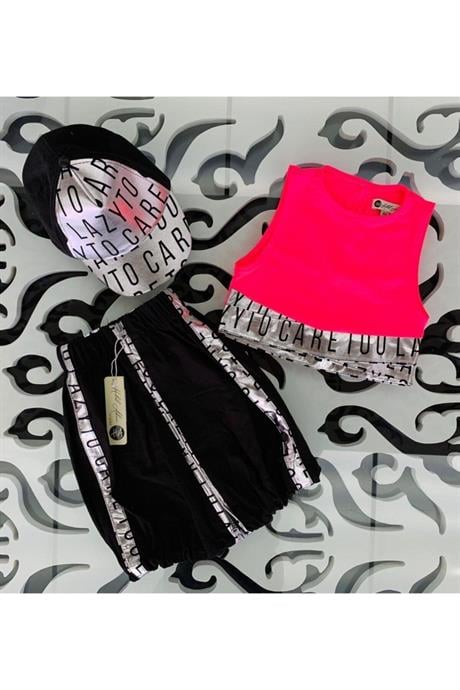 Kız Çocuk Neon Büstiyer Fermuarlı Etek Şapka Üçlü Takım PEMBE 10 Yaş