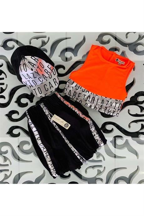 Kız Çocuk Neon Büstiyer Fermuarlı Etek Şapka Üçlü Takım TURUNCU 8 Yaş