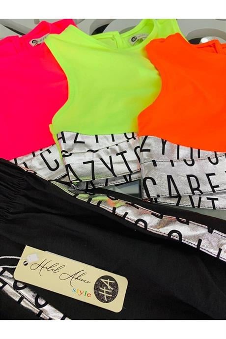 Kız Çocuk Neon Büstiyer Fermuarlı Etek Şapka Üçlü Takım