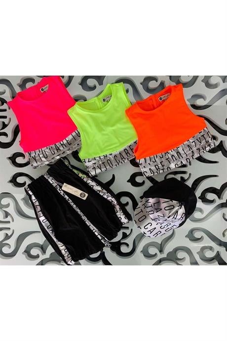 Kız Çocuk Neon Büstiyer Fermuarlı Etek Şapka Üçlü Takım TURUNCU 12 Yaş