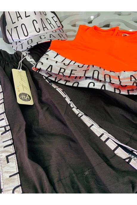Kız Çocuk Neon Büstiyer Fermuarlı Etek Şapka Üçlü Takım TURUNCU 14 Yaş