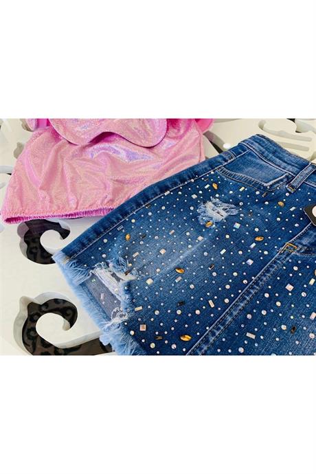 Kız Çocuk Nokta Simli Tek Omuz Bluz Taş Detaylı Kot Etek Ikili Takım PEMBE 12 Yaş