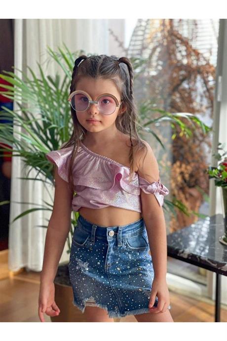 Kız Çocuk Nokta Simli Tek Omuz Bluz Taş Detaylı Kot Etek Ikili Takım PEMBE 10 Yaş