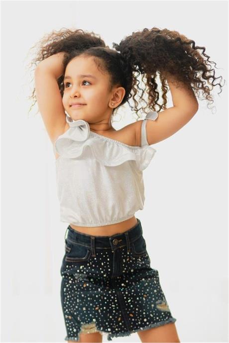 Kız Çocuk Nokta Simli Tek Omuz Bluz Taş Detaylı Kot Etek Ikili Takım BEYAZ 8 Yaş