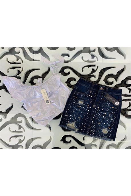 Kız Çocuk Nokta Simli Tek Omuz Bluz Taş Detaylı Kot Etek Ikili Takım BEYAZ 8 Yaş