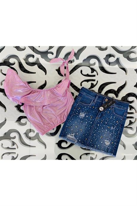 Kız Çocuk Nokta Simli Tek Omuz Bluz Taş Detaylı Kot Etek Ikili Takım PEMBE 12 Yaş