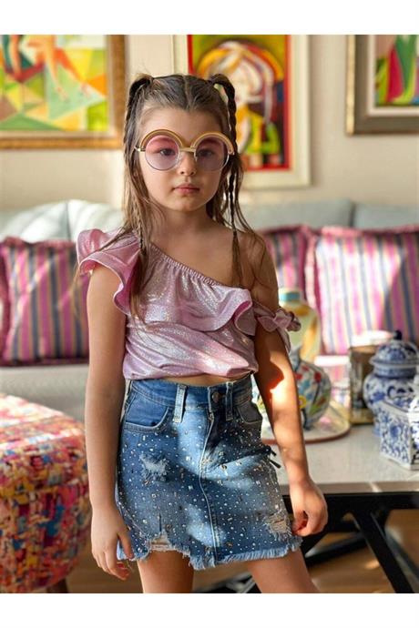 Kız Çocuk Nokta Simli Tek Omuz Bluz Taş Detaylı Kot Etek Ikili Takım PEMBE 8 Yaş