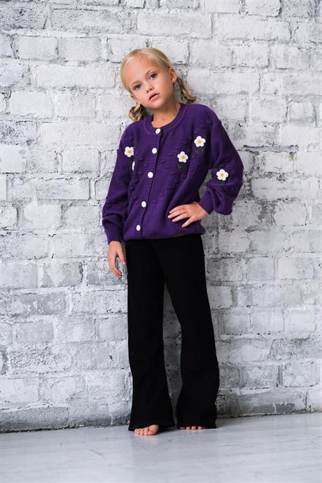 Kız Çocuk Papatya Nakışlı Hırka Triko Pantolon Ikili Takım Mor 8 Yaş