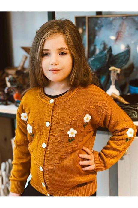 Kız Çocuk Papatya Nakışlı Hırka Triko Pantolon Ikili Takım Hardal 10 Yaş