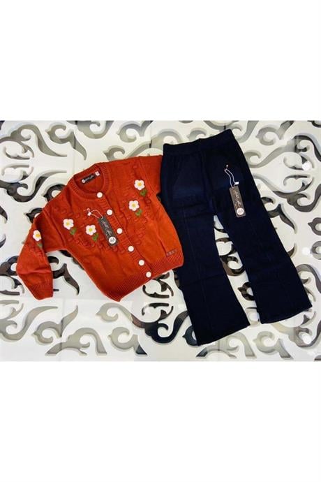 Kız Çocuk Papatya Nakışlı Hırka Triko Pantolon Ikili Takım Kiremit 2-4 Yaş