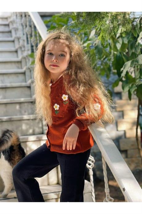 Kız Çocuk Papatya Nakışlı Hırka Triko Pantolon Ikili Takım Kiremit 2-4 Yaş