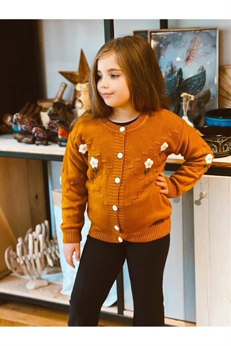 Kız Çocuk Papatya Nakışlı Hırka Triko Pantolon Ikili Takım Hardal 4 Yaş