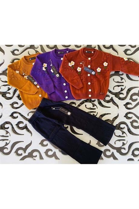 Kız Çocuk Papatya Nakışlı Hırka Triko Pantolon Ikili Takım Mor 2-4 Yaş