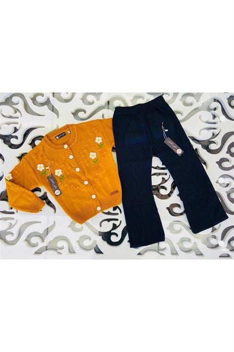Kız Çocuk Papatya Nakışlı Hırka Triko Pantolon Ikili Takım Hardal 10 Yaş