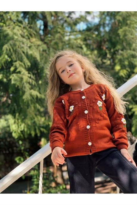 Kız Çocuk Papatya Nakışlı Hırka Triko Pantolon Ikili Takım Kiremit 6 Yaş